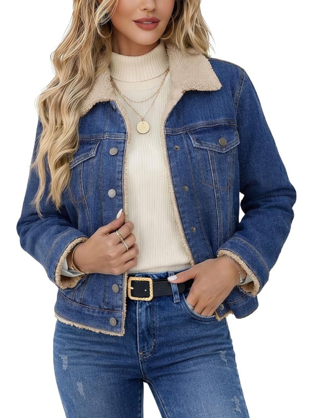 Cozy Sherpa Lined Denim Jacket with Fur Collar, Button Down Trucker Coat